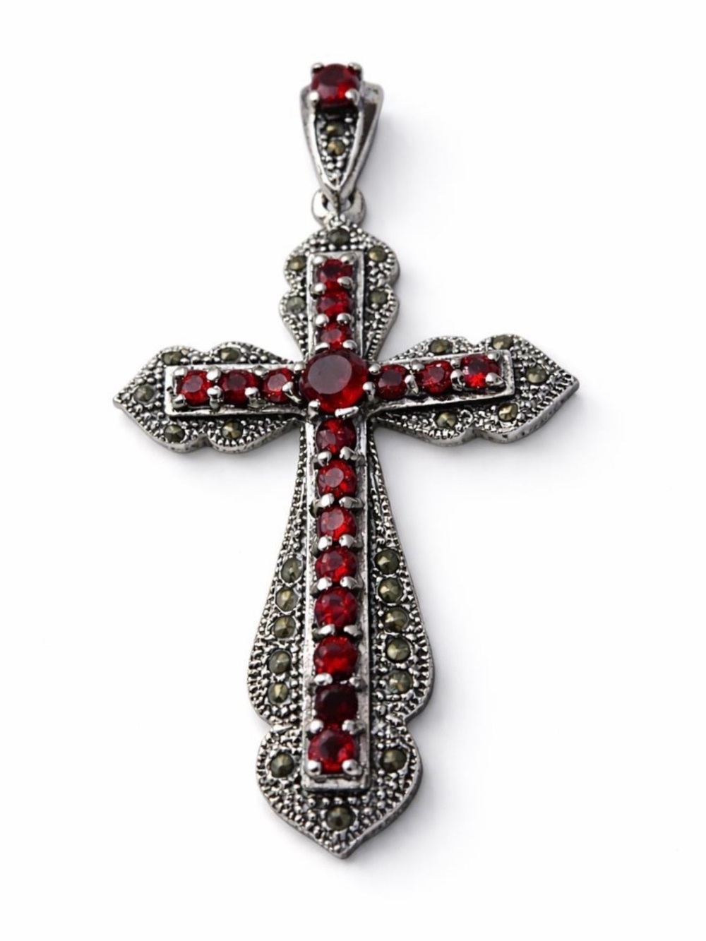 Intricate Silver Cross Necklace with Red Stones